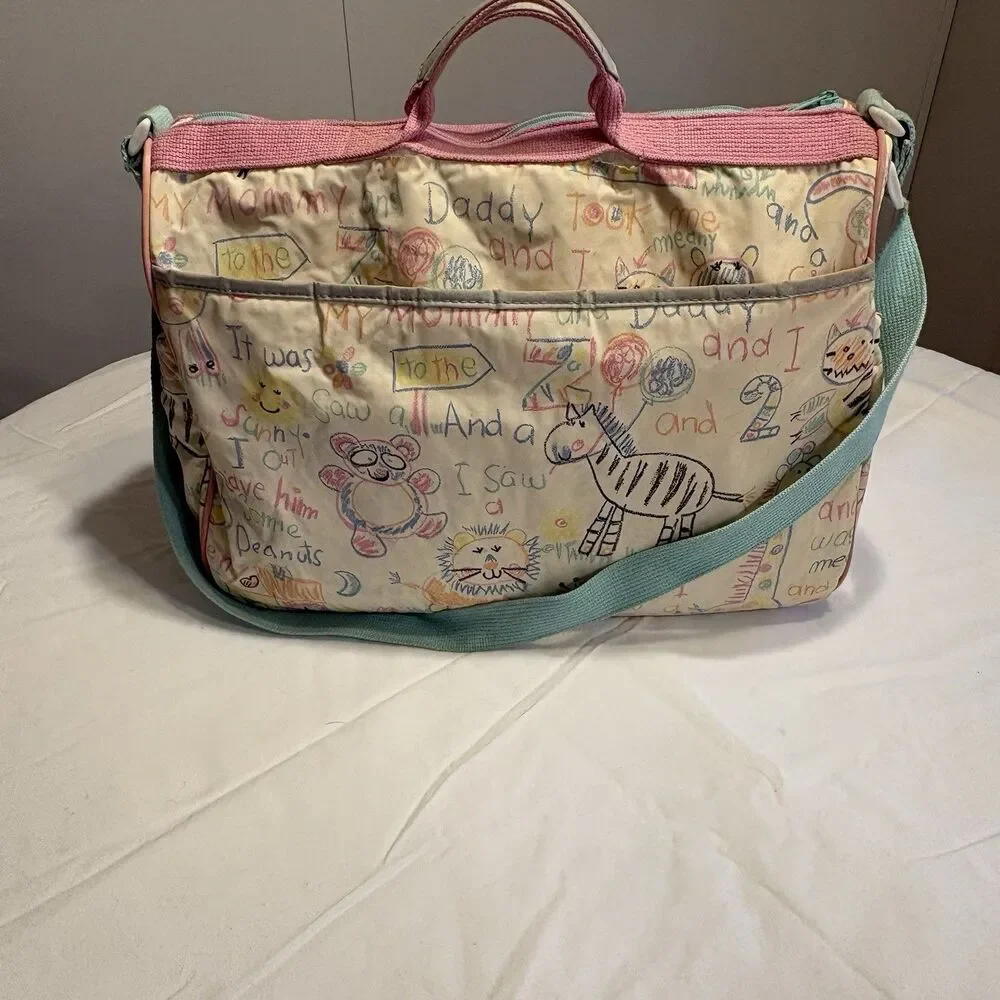 Vintage 90s Baby Boom Diaper Bag Zoo Animals Doodle Pink Blue Mommy Daddy
